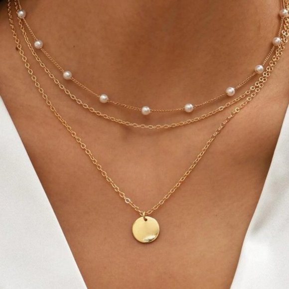 Jewelry - Yellow Gold Plated Disc Faux Pearl Necklace - 2 pieces